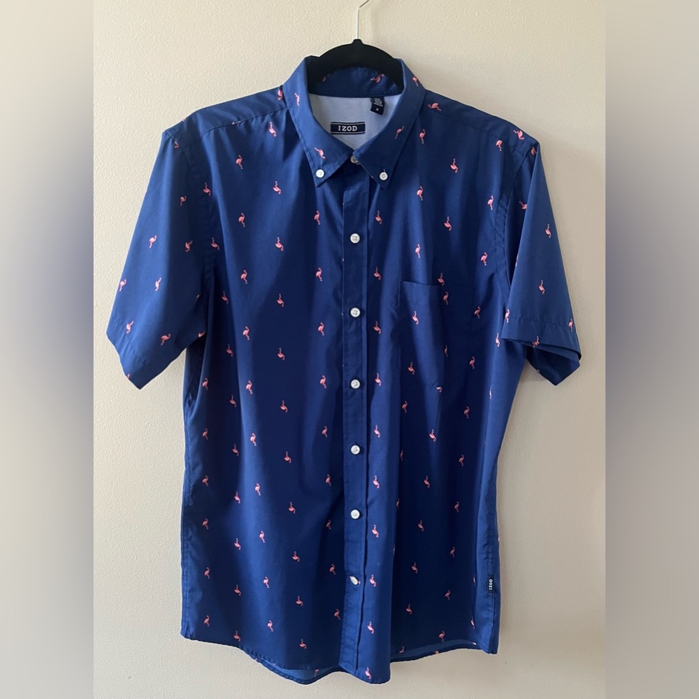Men’s Izod Navy Blue Button Down Shirt Pink Flamingos Medium Great Condition